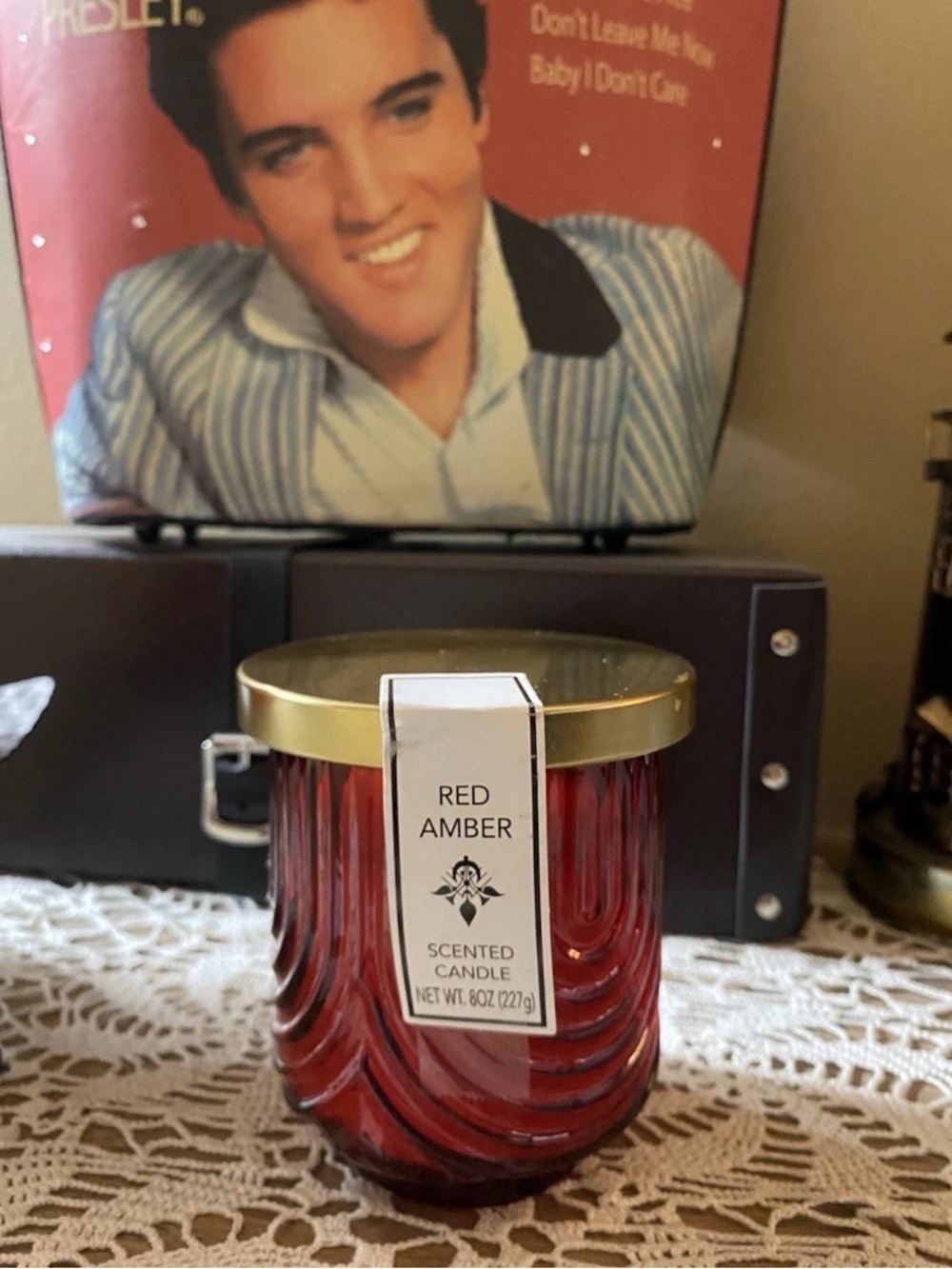 Red Amber Scented Candle 8 oz Red Cut Glass Jar w/ Removeable Lid, 1-Wick